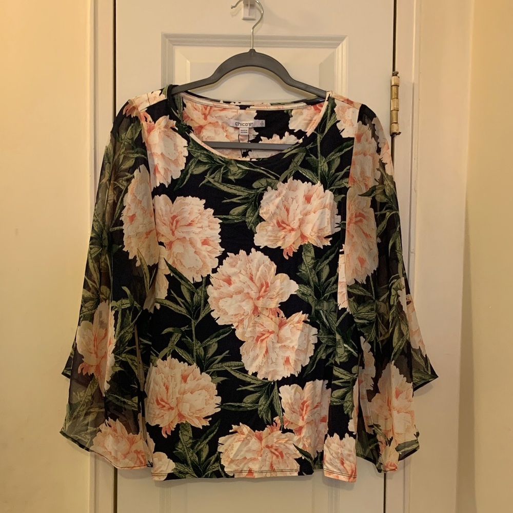 Chico's Black and Pink Floral Blouse
